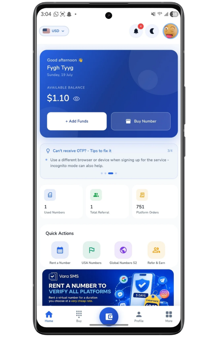 VaraSMS App Dashboard